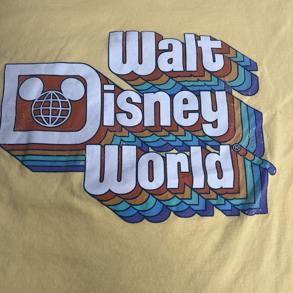Disney World Yellow Retro Style T-shirt XL Walt Vintage Logo Collectible Resort
